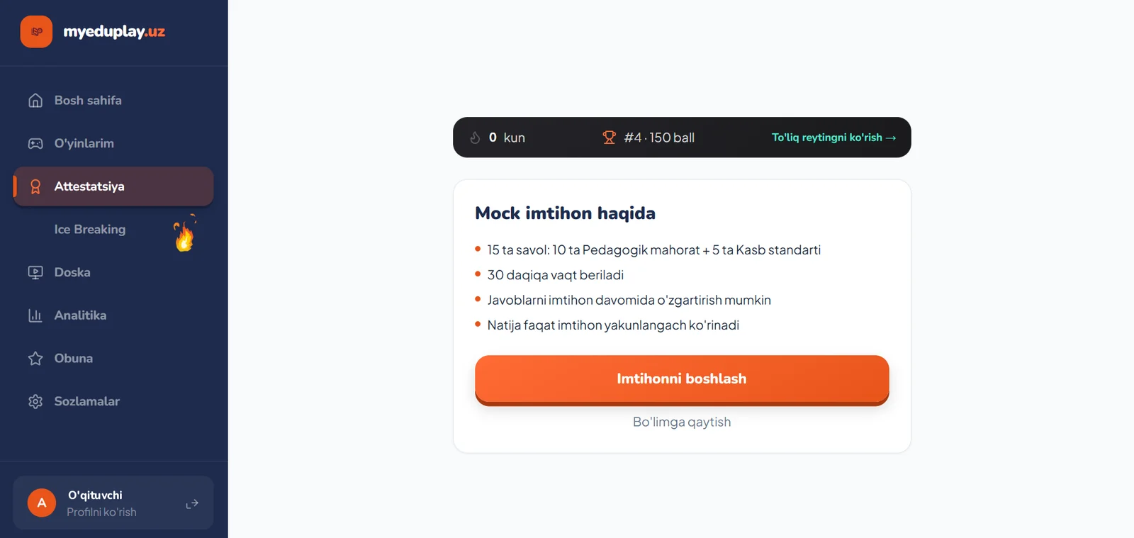 Mock imtihon haqida: 45 ta savol, 60 daqiqa