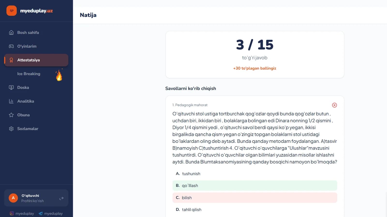 Mock imtihon natijasi: to'g'ri javoblar soni va savollarni ko'rib chiqish