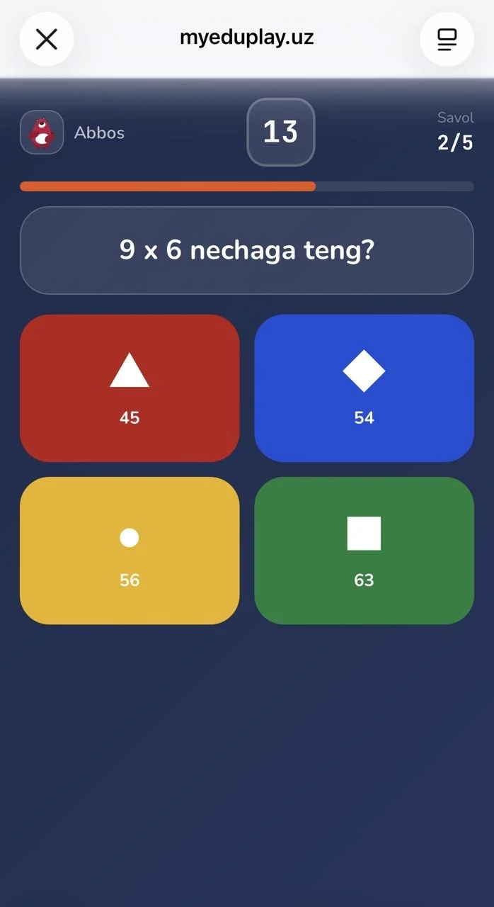 Quiz Jang: o'quvchi telefonidagi javob ekrani